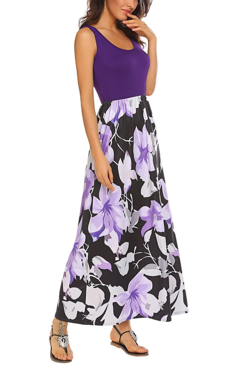 Bluetime Women's Summer Boho Sleeveless Floral Print Tank Long Maxi Dress (Purple, XXXL) - Image 3